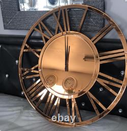 Mirrored WALL CLOCK LARGE 80cm Roman Numeral Copper Finish Modern Rose Gold
