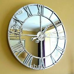 Mirrored WALL CLOCK Skeleton Style Silver Finish LARGE 80cm Contemporary Clock
