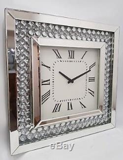 Mirrored Wall Clock Silver Mirrored Large Faceted Floating Crystal Effect