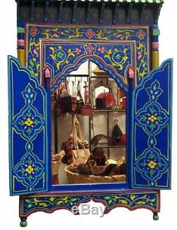 Moroccan Wall Mirror withDoors Hand Painted Arabesque Handmade Home Decor XL Blue