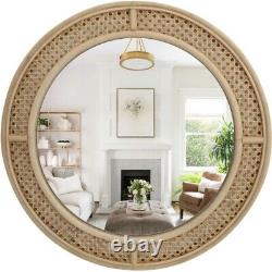 NEW West Elm Large Round Mirror Wicker Rattan Boho Wall Hanging Decor 24 Diam