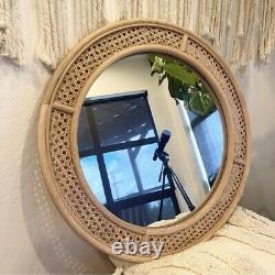 NEW West Elm Large Round Mirror Wicker Rattan Boho Wall Hanging Decor 24 Diam