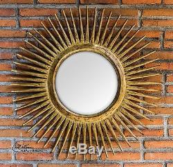 New Large Round Sun Burst Style Beveled Wall Mirror Antiqued Gold Leaf Teak Wood