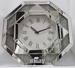 Octagonal Wall Clock Diamond Crush Sparkly Silver Mirrored Large