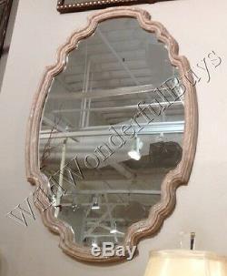 Oval Wall Mirror Aged Washed Wood 35H Curved Shaped Large Shield Farmhouse