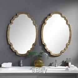 Oval Wall Mirror Gold Leaf 35H Curved Shaped Wood Large Shield Farmhouse