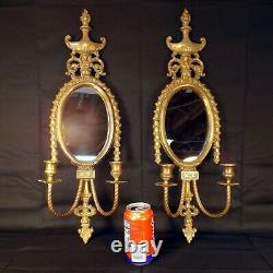 PAIR BIG Vintage Brass Mirrored Double Arm French Louis XVI Candle Wall Sconce A