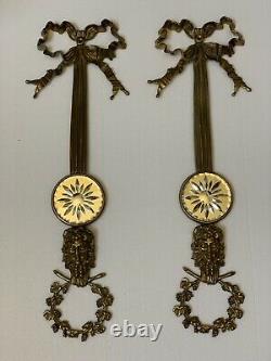 Pair French Brass Wall Sconces Plaque Etched Mirror Faces Ribbon Wreath 24
