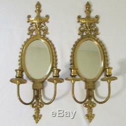 Pair Ornate Vintage Large Brass Wall Double Candle Sconces with Beveled Mirrors