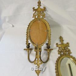 Pair Ornate Vintage Large Brass Wall Double Candle Sconces with Beveled Mirrors