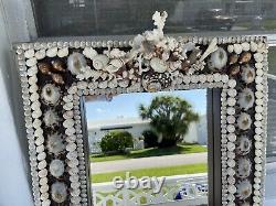 Rare Find Exquisite Large Sea Shell Mirror 24x20. Shells Applied On Leather