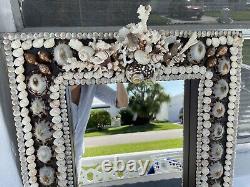 Rare Find Exquisite Large Sea Shell Mirror 24x20. Shells Applied On Leather
