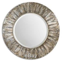 Round Antiqued Silver Leaf Wall Mirror Large 36 Rustic Leaves Frame