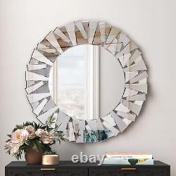 Round Decorative 3D Glass Wall Mirror Large Sunburst Art Mirror Silver Frame