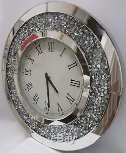 Round Wall Clock Large Sparkly Diamond Crush Silver Mirrored 50cm