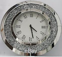 Round Wall Clock Large Sparkly Diamond Crush Silver Mirrored Bevelled 50cm