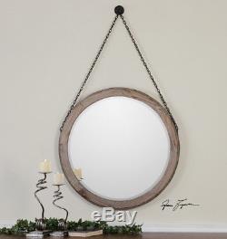 Round Wood Wall Mirror on Chain Large 34