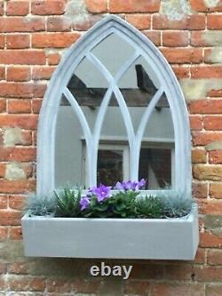 Rustic Outdoor Arched Victorian Gothic Glass Wall Mirror with Large Planting Box