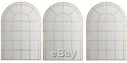 Set Of 3 Arched Window Pane Wall Floor Mirrors Antique Gold Hand Forged 72H