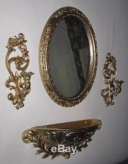 Set of 4=Vtg-GOLD Ornate-Wall-Oval Mirror-SYROCO-Candle Sconces-Large Planter