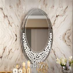 Shiny Oval Wall Mirror Accent Silver Vanity Mirror withBling Teardrop Decors Large