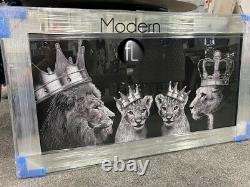 Silver Lion pride family wall picture in mirrored frame, lion family 115x65 cm
