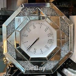 Silver Octagonal Wall Clock Diamond Crush Sparkly Mirrored Large Bevelled VEN