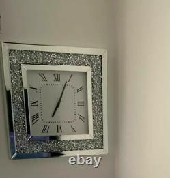 Silver Square Wall Clock Diamond Crush Sparkly Mirrored Large Bevelled 50cmX50