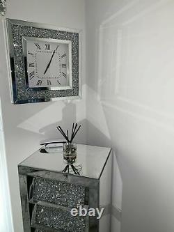 Silver Square Wall Clock Diamond Crush Sparkly Mirrored Large Bevelled 50cmX50