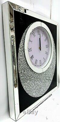 Sparkly Black Silver Mirrored Diamond Crush Large Wall Clock Unusual Design