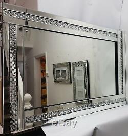 Sparkly Exposed Floating Crystal Large Silver Wall Mirror 120cmx80cm Bevelled