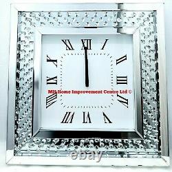 Sparkly Floating Crystal Large Silver Mirrored Square Wall Clock 50x50cm Glitz