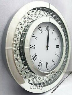 Sparkly Floating Crystal Sparkly Large Round Silver Mirrored Wall Clock Glitz