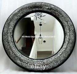 Sparkly Silver Black Mosaic Crackle Large Round Bow Wall Mirror 80cm Hand Finish