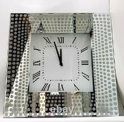 Sparkly Silver Mirrored Glitter Large Square Wall Clock 50x50cm Living Room