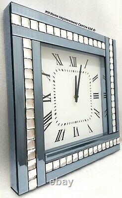 Sparkly Silver Smoke Grey Blue Mirrored Crystal Wall Clock Large 45x45cm