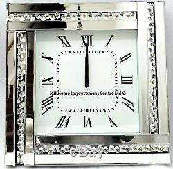 Sparkly Wall Clock Exposed Floating Crystal Silver Mirrored Large 45x45cm