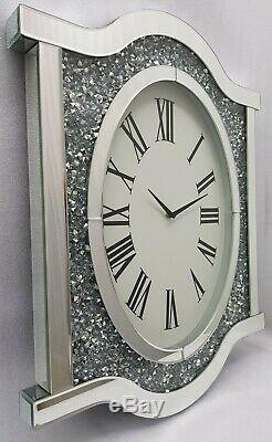Sparkly Wall Clock Silver Mirrored Diamond Crush Crystal Extra Large Bevelled