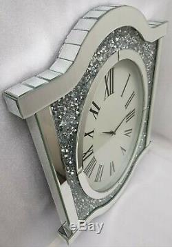 Sparkly Wall Clock Silver Mirrored Diamond Crush Crystal Extra Large Bevelled