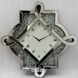 Sparkly Wall Clock Silver Mirrorred Diamond Crush Crystal Large 59.8cmx59.8cm