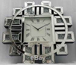 Sparkly Wall Clock Silver Mirrorred Diamond Crush Crystal Large Square 60x60cm