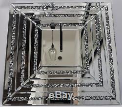 Square Wall Clock Sparkly Diamond Crush Silver Mirrored 3D Large 50x50cm