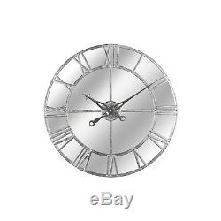 Stunning Large Mirrored Wall Clock Silver Skeleton Style Clock With Round Mirror