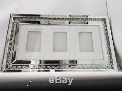 Three Photo Large Wall Hung Silver Mirrored Photo Frame Floating Crystal Effect