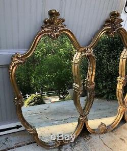 VINTAGE Gold Hollywood Regency Triple Interlocking Wall Mirror LARGE