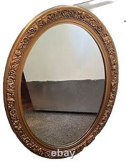 VINTAGE Large Beautiful MCM OVAL WALL MIRROR Gold Tone Ornate Floral Frame 27.5