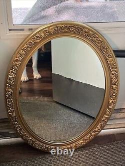 VINTAGE Large Beautiful MCM OVAL WALL MIRROR Gold Tone Ornate Floral Frame 27.5