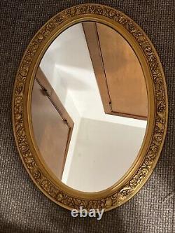 VINTAGE Large Beautiful MCM OVAL WALL MIRROR Gold Tone Ornate Floral Frame 27.5