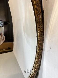 VINTAGE Large Beautiful MCM OVAL WALL MIRROR Gold Tone Ornate Floral Frame 32x21