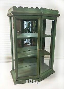 VTG Shabby Cottage Shelf Large WALL CURIO CABINET Display Case Mirror Glass